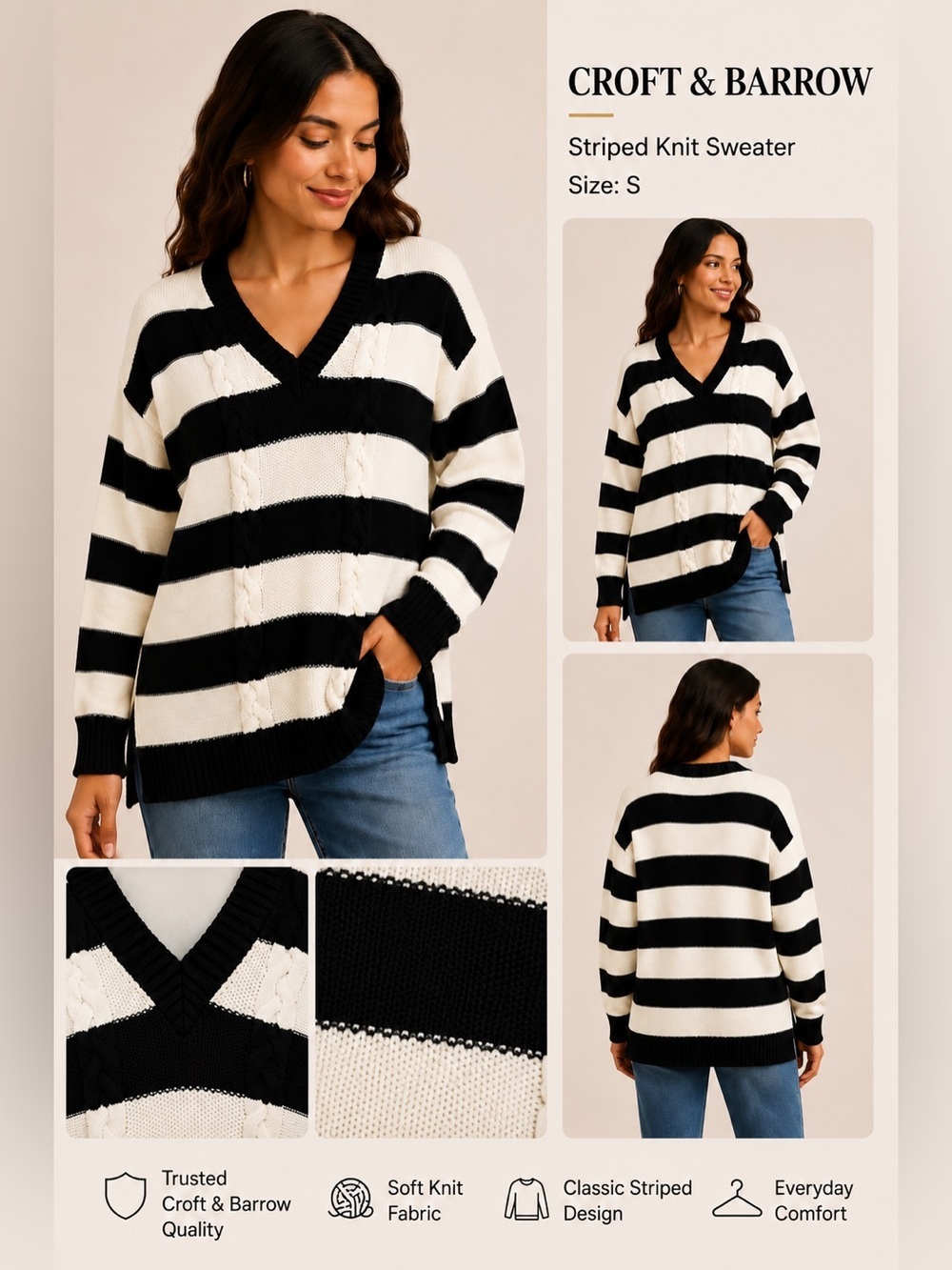 CROFT & BARROW women black and white v-neck striped cotton knit sweater/size S